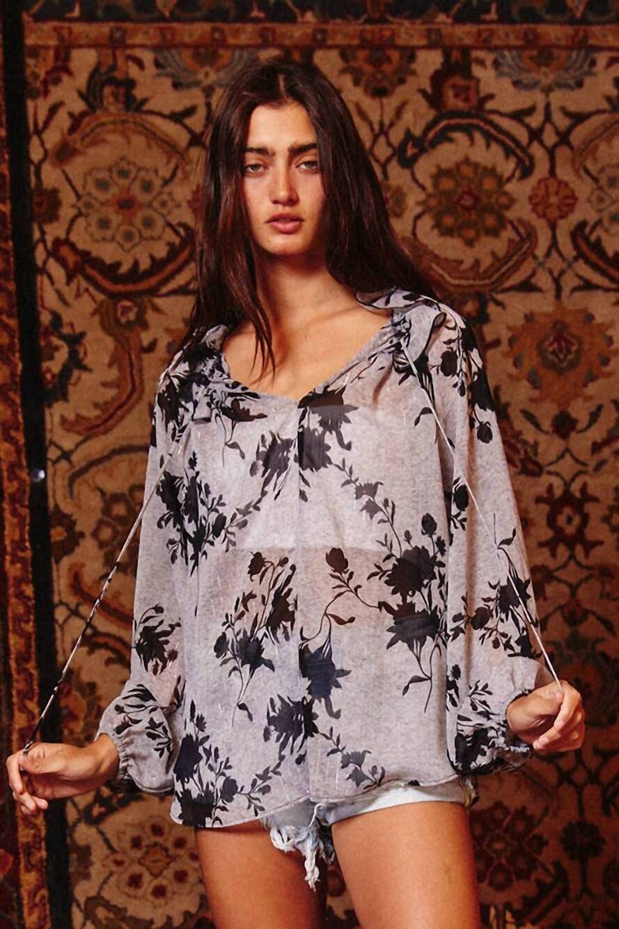 NEW BUCKETLIST lurex chiffon floral blouse with ruffled neck in grey